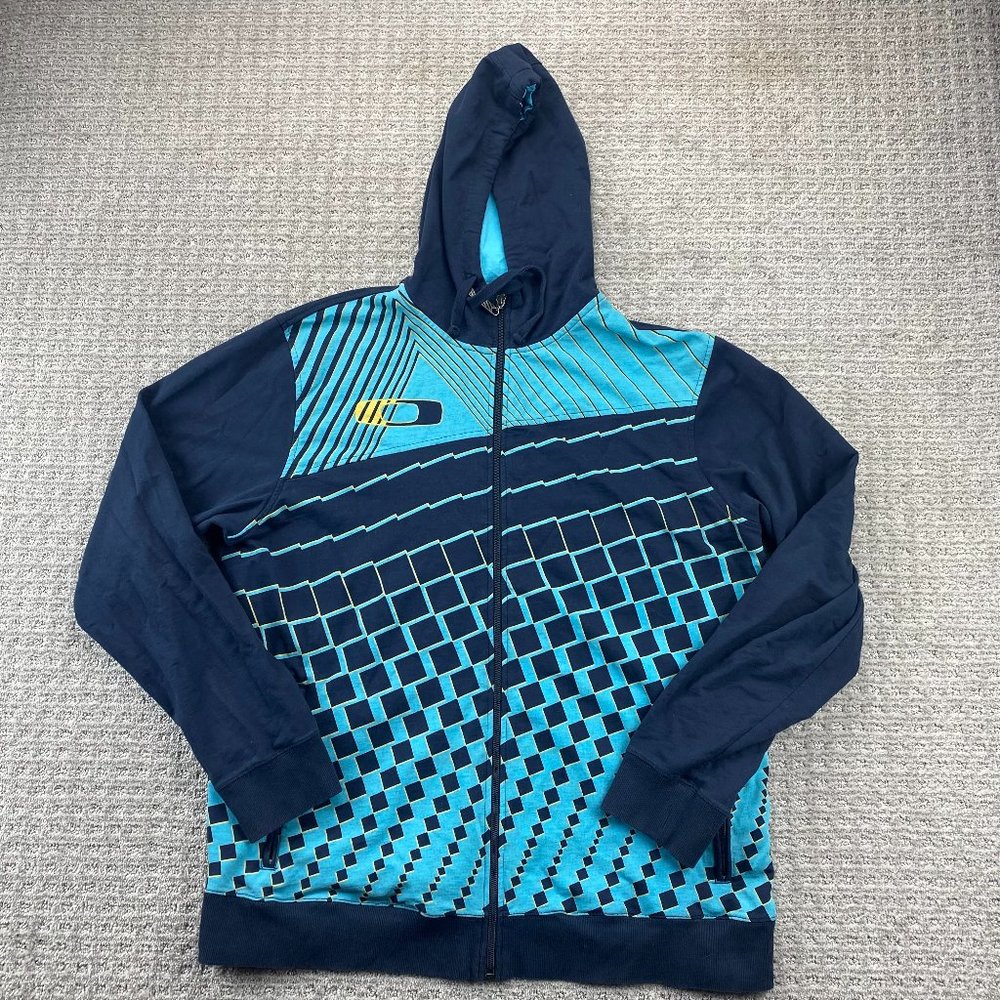Oakley Sweater Men XXL 2XL Navy Blue Teal Hoodie Full Zip Checkered Slim Fit